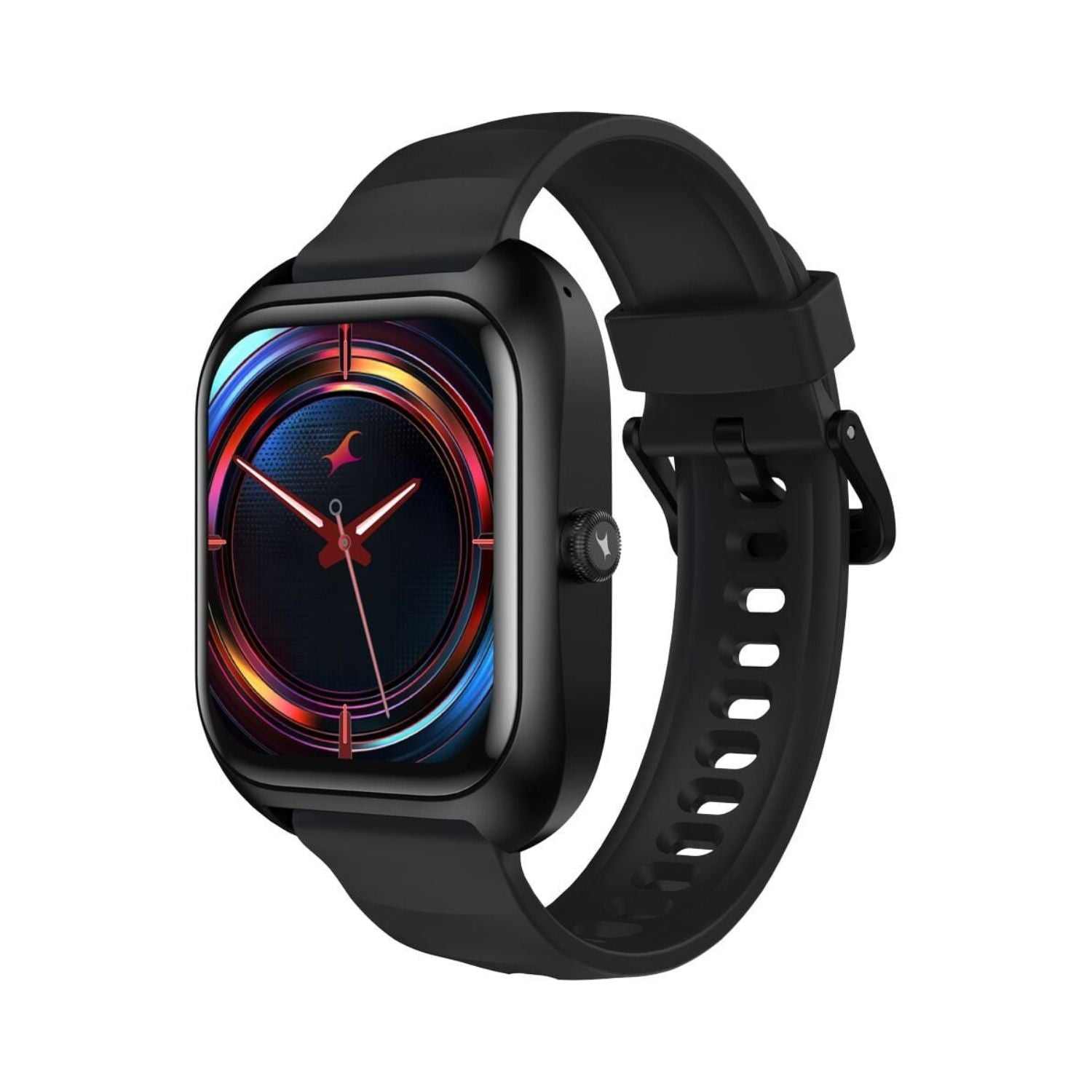 Black smartwatch with square display and silicone strap, analog watch-face design
